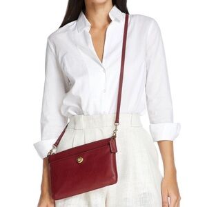 Coach Polly Pebble Leather Top Zip Gold Hardware Crossbody Bag - Cherry Red